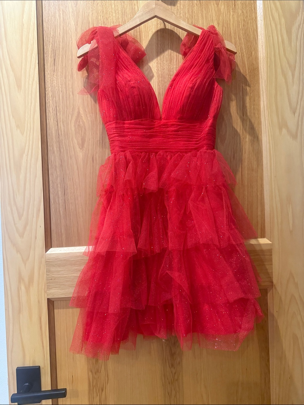 Sparkling Red Tulle Mini Dress with Ruffle Skirt